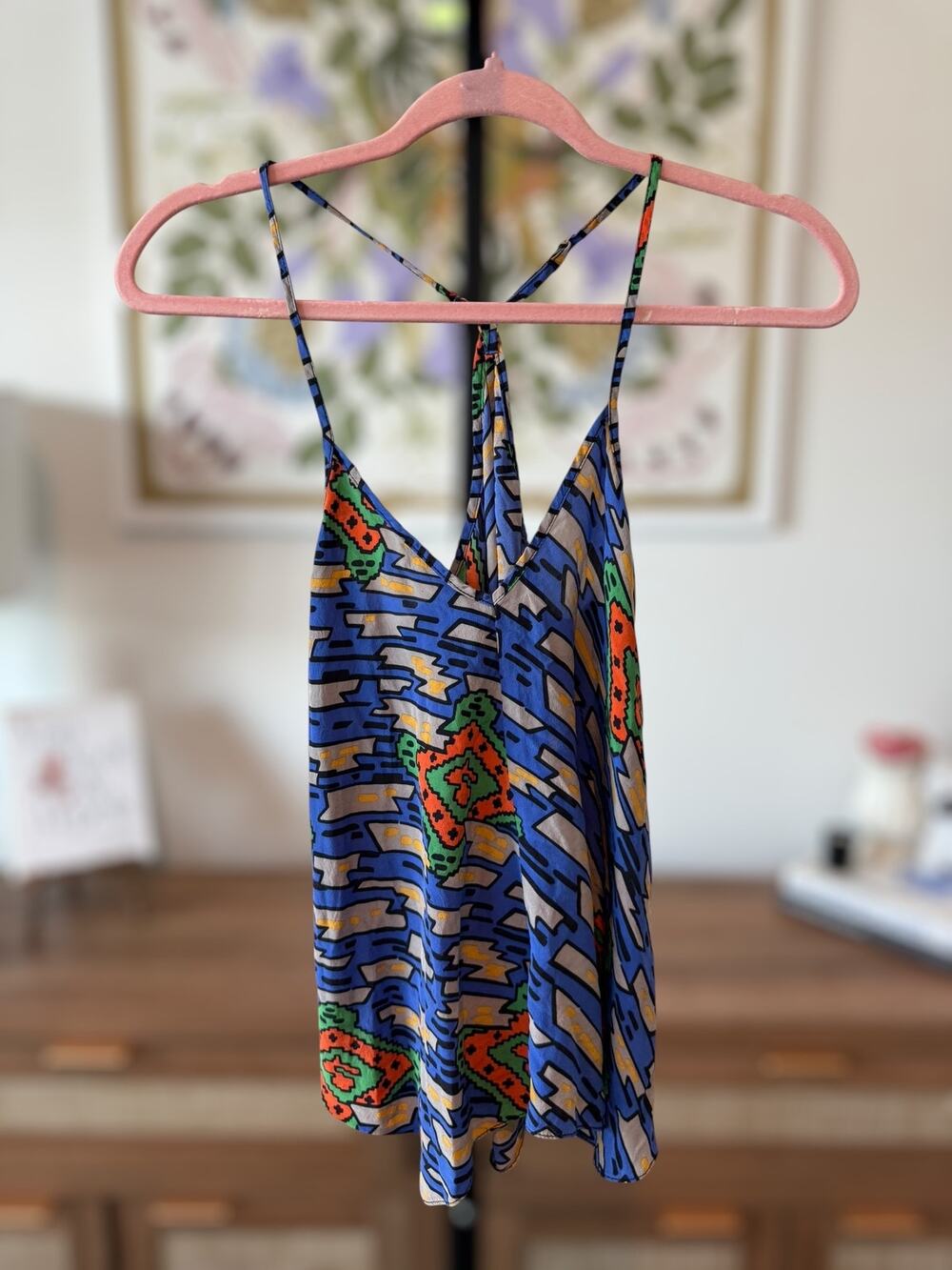 Amanda Uprichard 100% Silk Geometric Print Racerback Tank Top Blue Womens Small